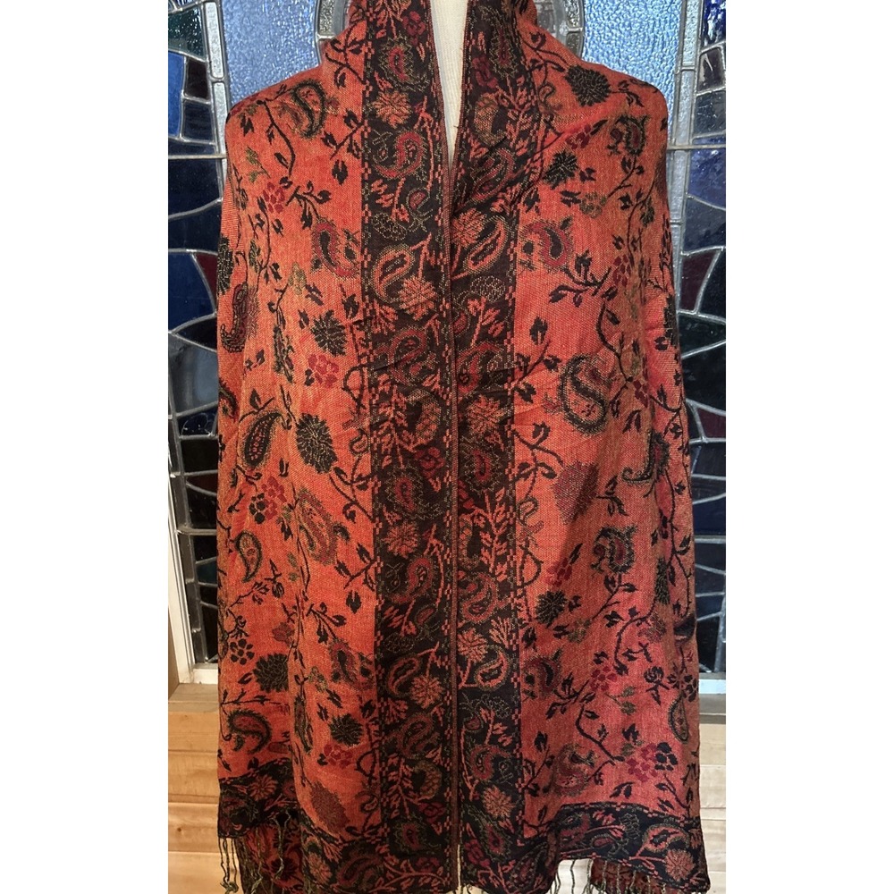 Pashmina Scarf Shawl Wrap Terra Cotta & Black Paisley Print 27" X 72"